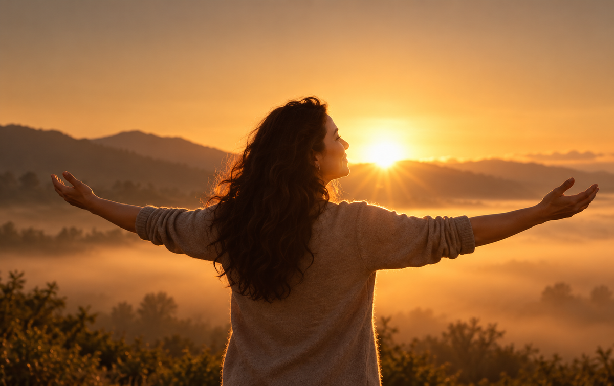 Person facing a warm sunrise with arms open